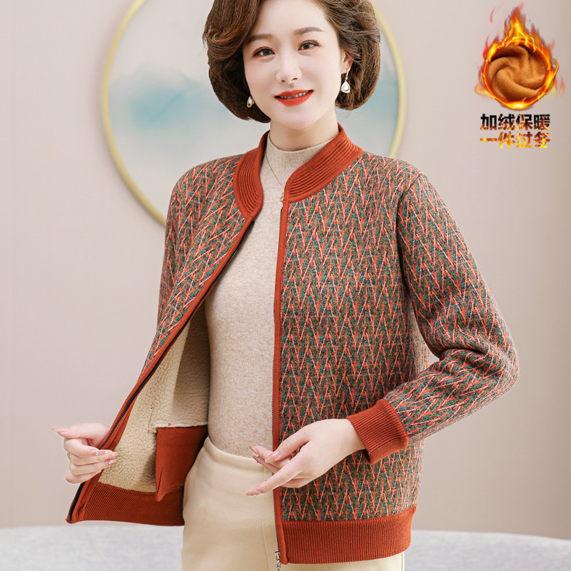 中老年女装春秋毛衣开衫2025新款妈妈秋冬外套加绒加厚保暖上衣服