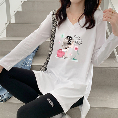 不起球纯棉中长款长袖T恤女