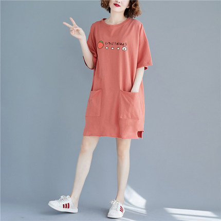 口袋睡衣女连衣裙纯棉夏季大码韩版女士宽松可外穿T恤裙简约睡裙