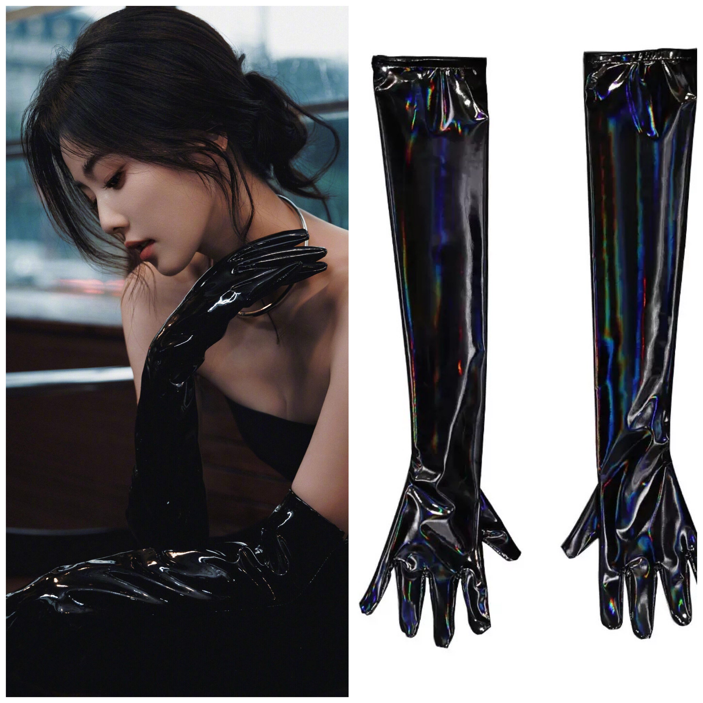 时尚暗黑黑色漆皮长款皮质手套女保暖礼服宴会拍照舞台演出袖套女