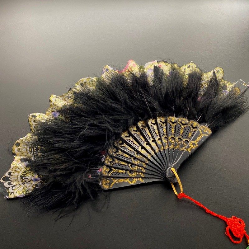 중국 스타일의 깃털 복고풍 팬 치파오 댄스 패션쇼 팬 장식 접는 팬 앵커 쇼 사진 전체 벨벳 팬