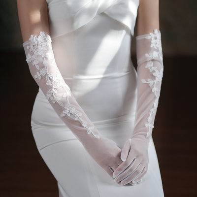 长款网纱蕾丝白色礼服手套