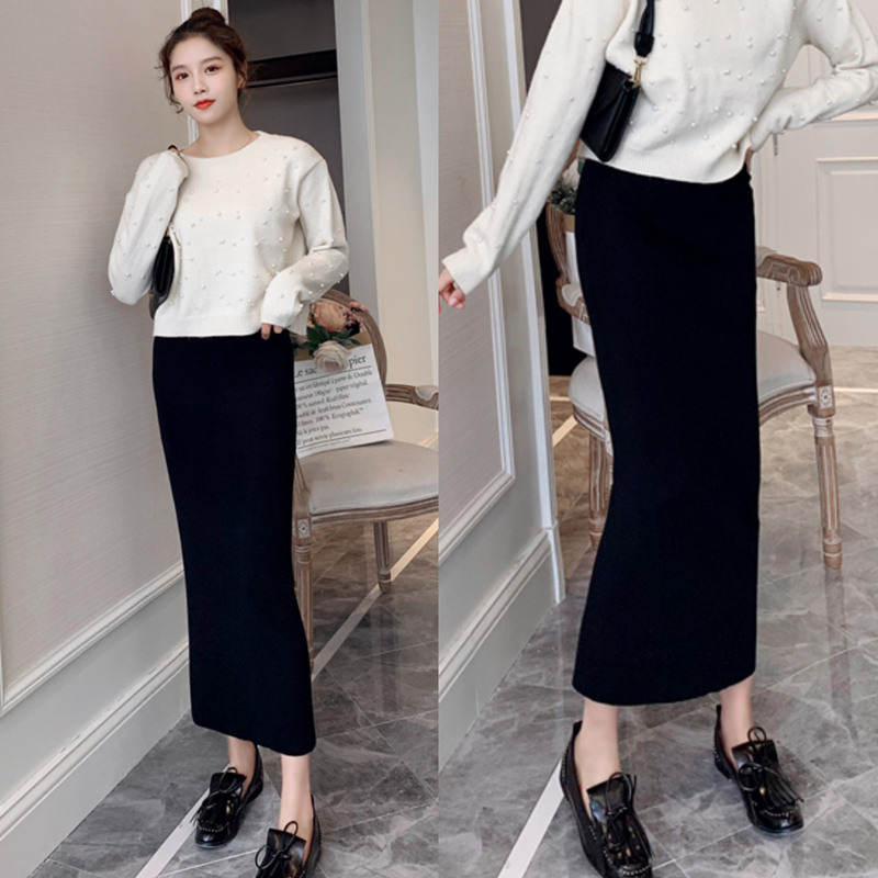 针织半身裙开叉高腰直筒