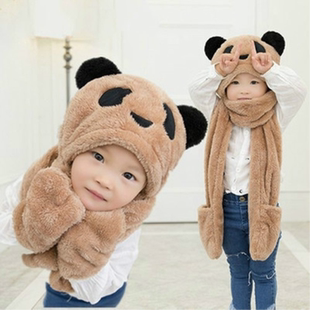 儿童围巾帽子手套三件套装男女童围巾冬季连帽围脖一体宝宝护耳帽