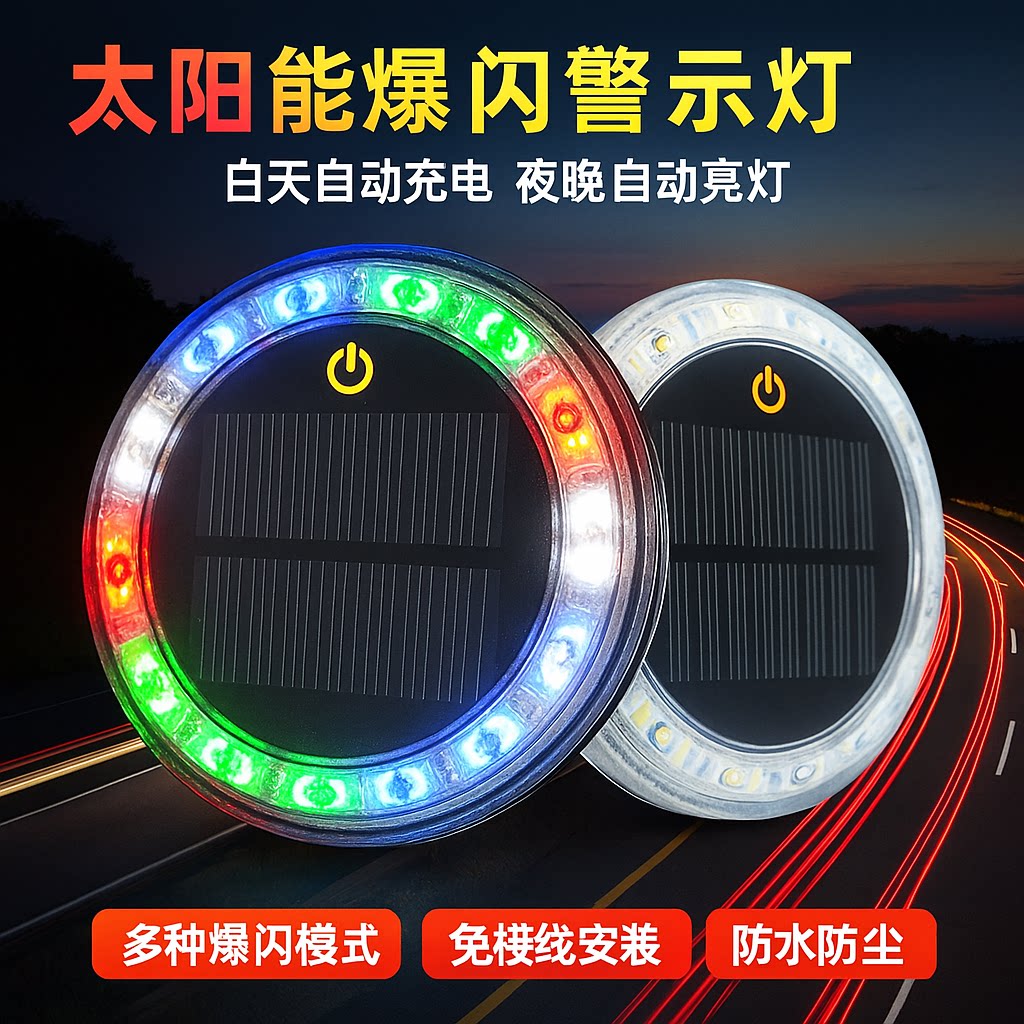太阳能警示爆闪灯大货车摩托电动汽车强磁示宽防追尾闪烁灯免接线