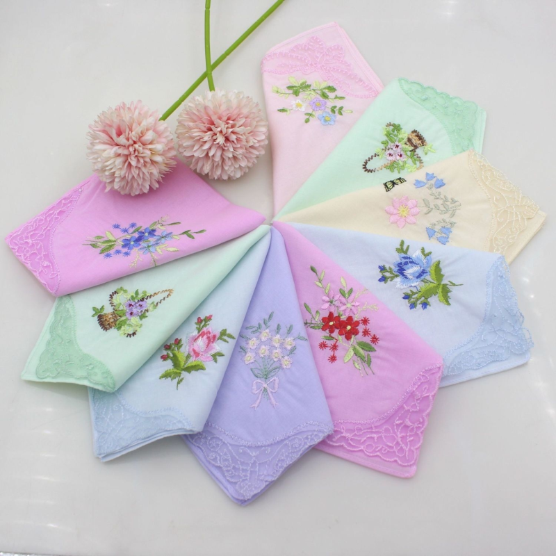 【买十条送一】小尺寸女士纯棉蕾丝边绣花手帕 全棉柔软吸汗手绢