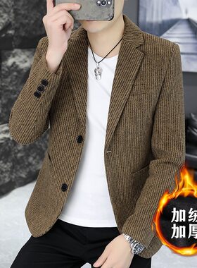 秋冬加绒西装男韩版修身单西青年休闲加厚冬天西服外套学生小风衣