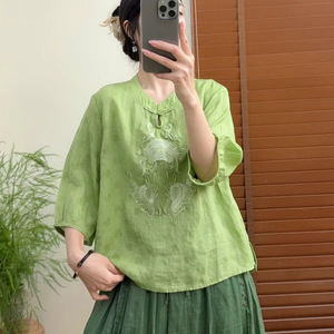 园园美衣闲苎麻绣花T恤衫上衣女2026夏季国风盘扣茶服提花薄衬衫