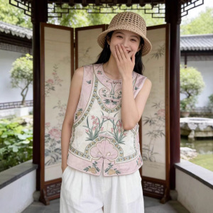 园园美衣新款民族风缎面刺绣马甲女文艺复古国风宽松圆领提花背心