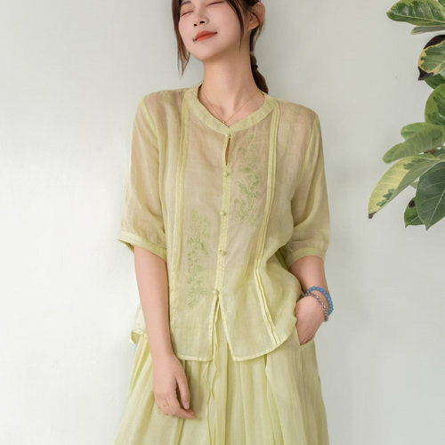 园园美衣2026夏季国风苎麻刺绣女士宽松苎麻上衣苎麻小衫苎麻衬衫