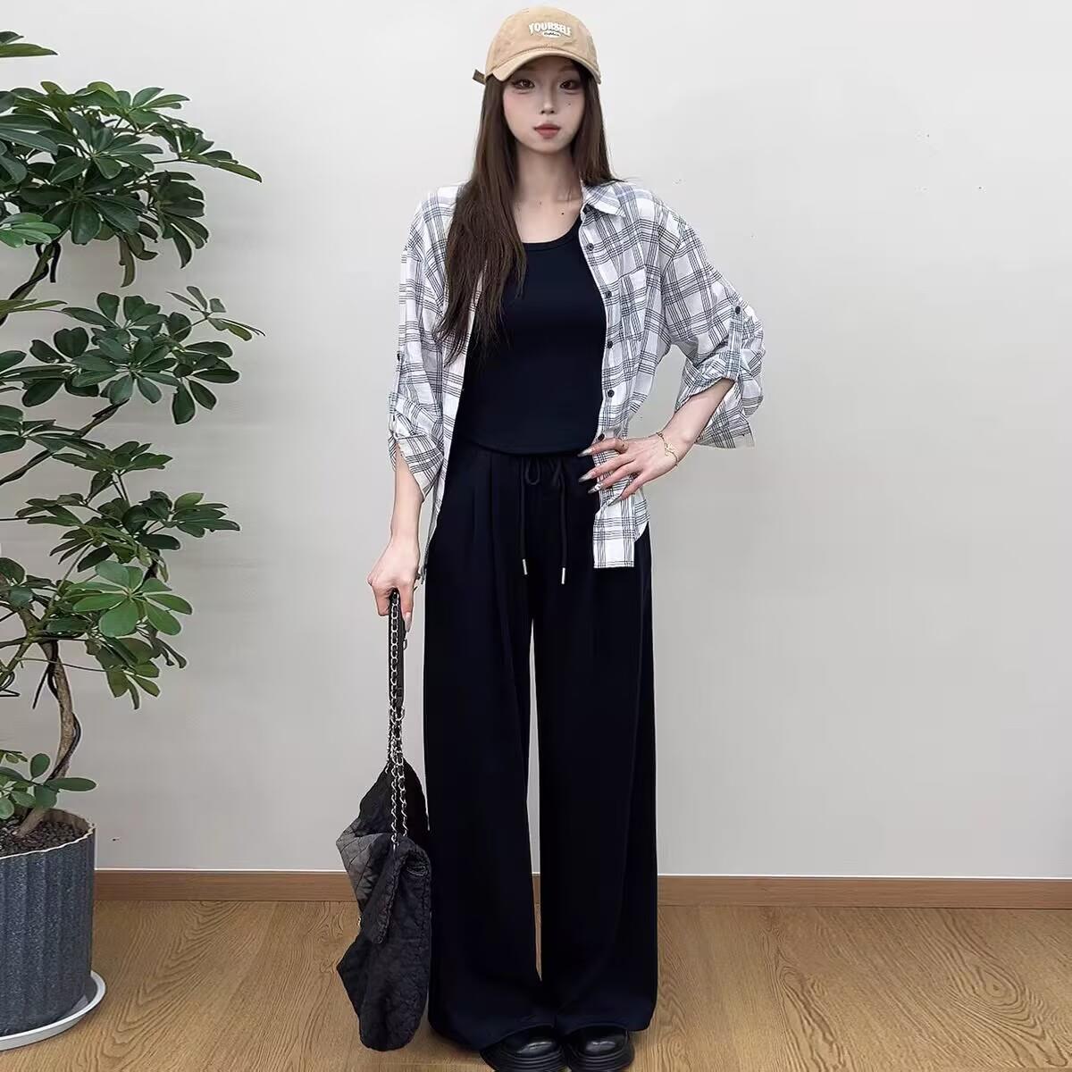 园园美衣高端长袖格子衬衫吊带阔休闲裤