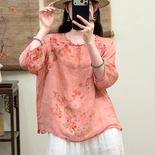 园园美衣2026夏季款宽松显瘦复古苎麻短袖上衣女苎麻小衫苎麻衬衣