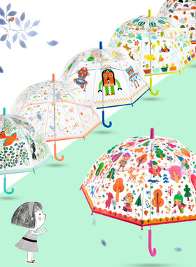 djeco儿童透明卡通长柄雨伞彩虹花鸟青蛙鱼儿独角兽女童生日礼物