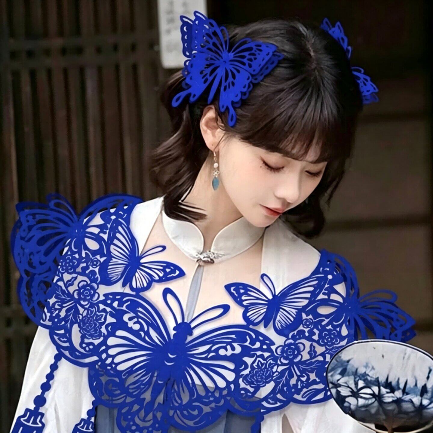 学生走秀非遗剪纸服饰成品儿童云肩摄影道具免做植绒布剪纸衣服