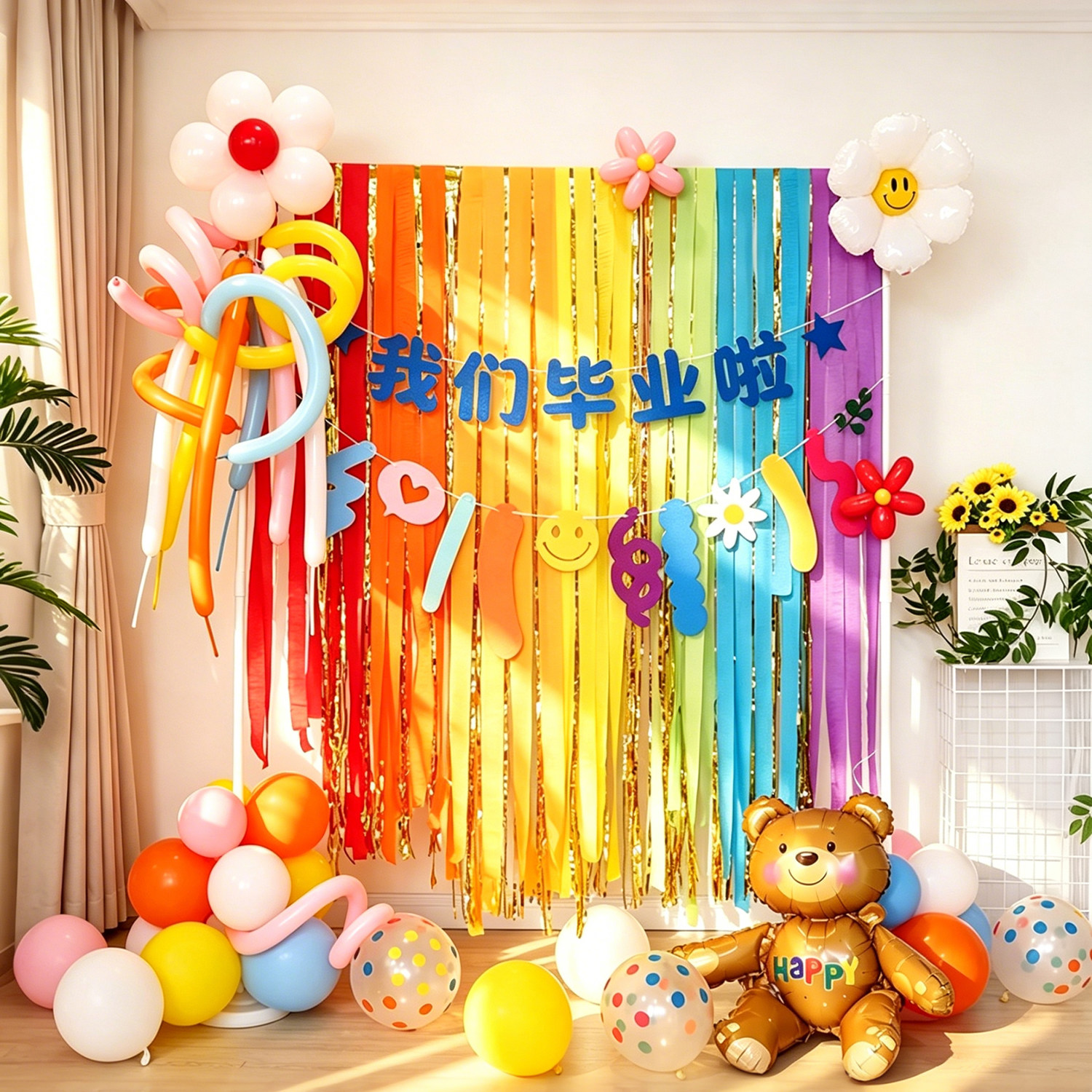 毕业季典礼装饰小学六年级幼儿园彩虹小拱门班级教室晚会场景布置