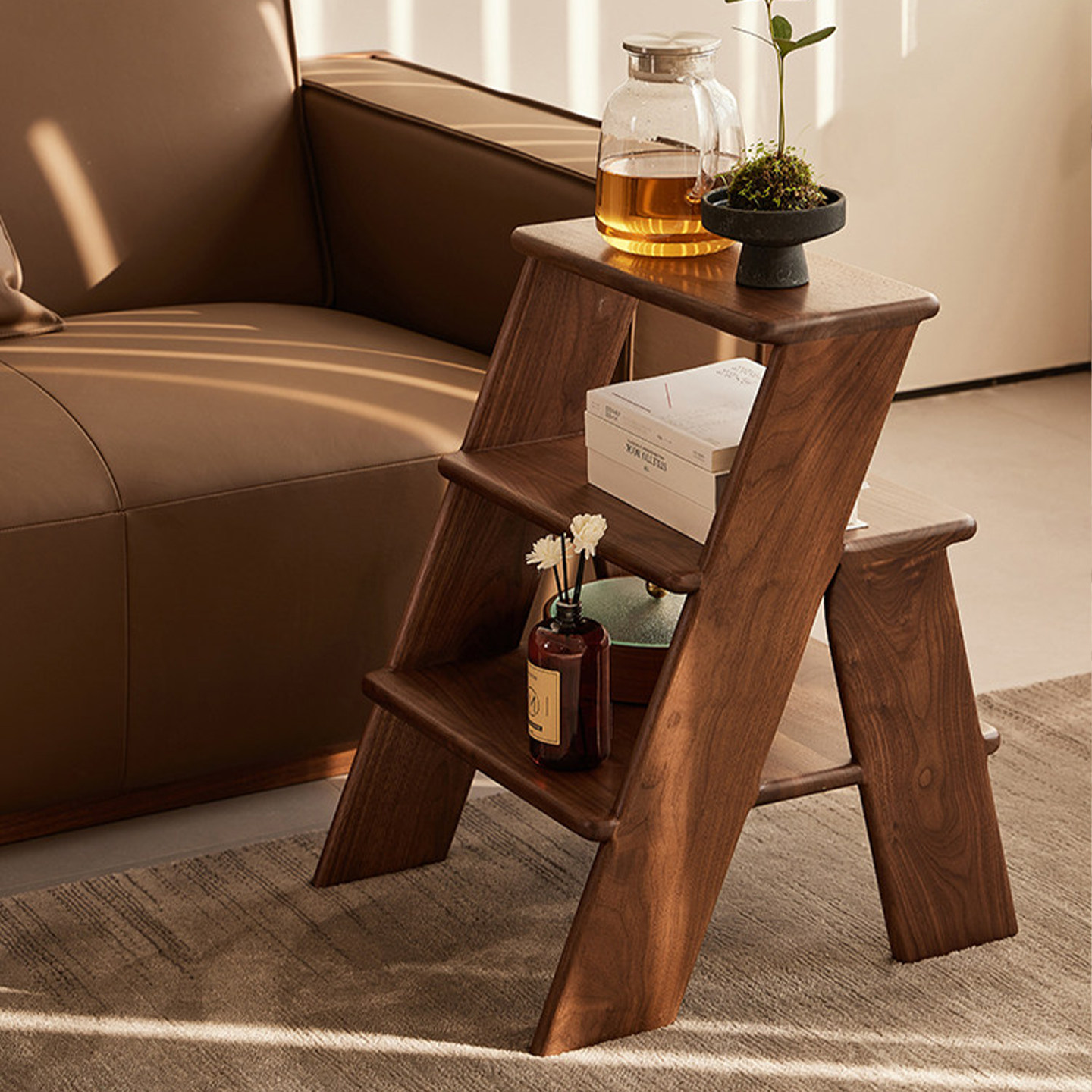 可折叠三步梯凳 家用多功能黑胡桃木实木踩高凳 原木梯子取物凳子