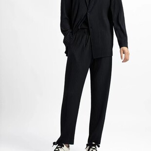 三宅褶皱裤子男夏季休闲垂感锥形九分裤抽绳萝卜小脚休闲裤JF149