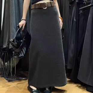 高腰梨形灰色半身裙冬季 裙女垂感宽松显瘦休闲长裙 加厚呢子料西装