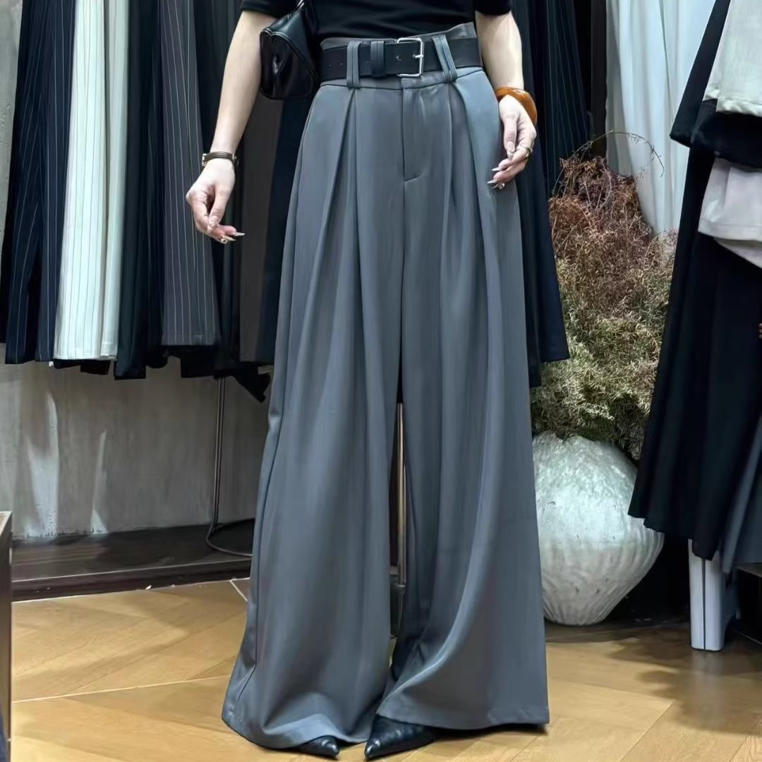 灰色高腰褶皱垂感裤裙西装裤长裤