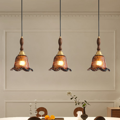 中古风胡桃木花朵玻璃餐厅吊灯