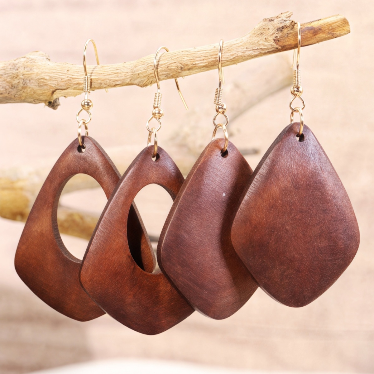 1对手工自制diy玫瑰红色大水滴木环木片个性夸张欧美风耳环
