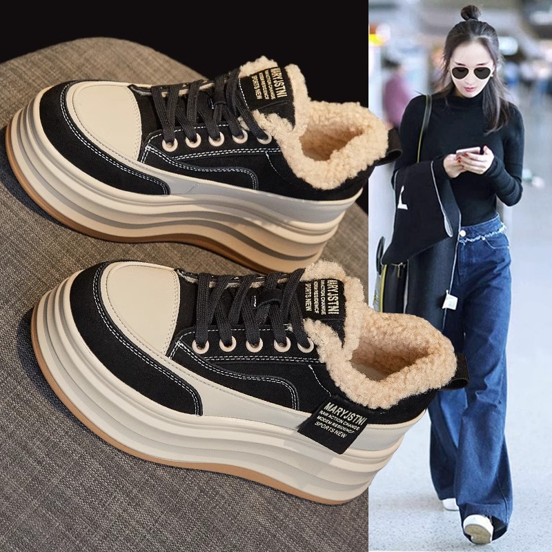 真皮松糕鞋女厚底板鞋加绒保暖