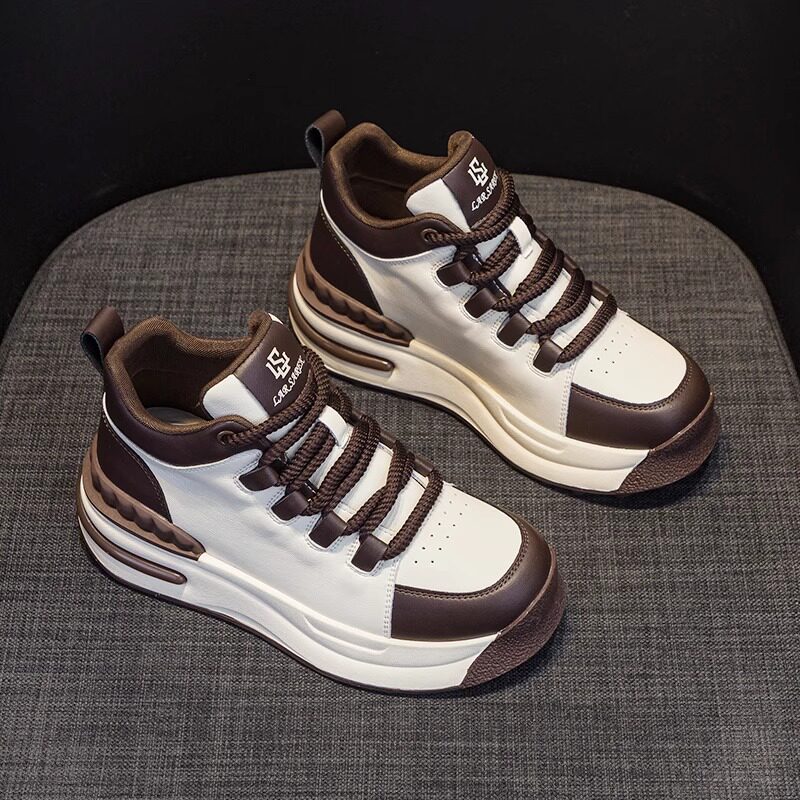 真皮高帮小白鞋女2025新款女鞋百搭韩版棕色厚底增高运动休闲板鞋