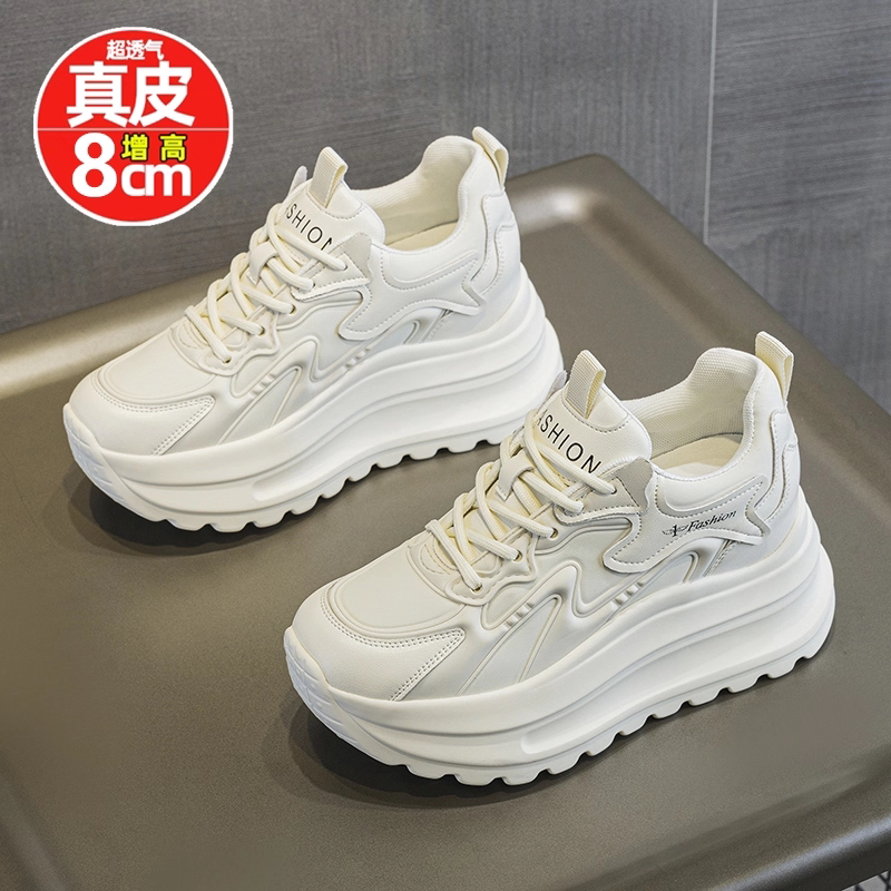 松糕厚底运动休闲内增高小白鞋2025新款今年流行爆款真皮老爹鞋女