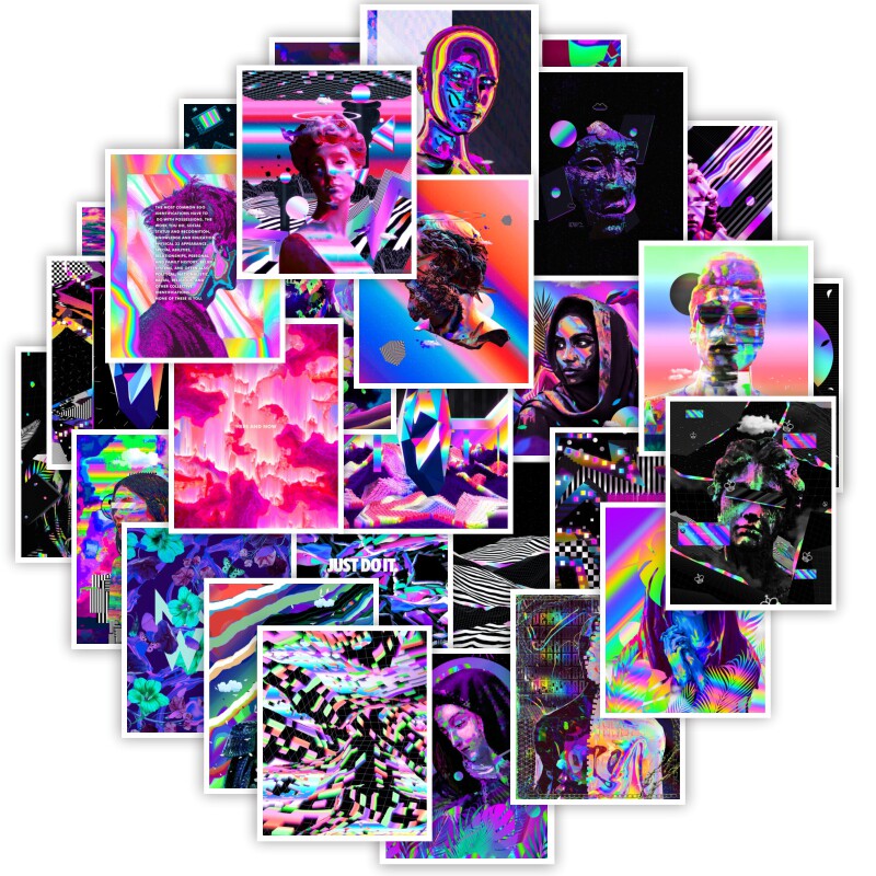 50张迷幻炫彩贴纸滑板车头盔蒸汽波大卫贴画笔记本电脑手机壳贴纸