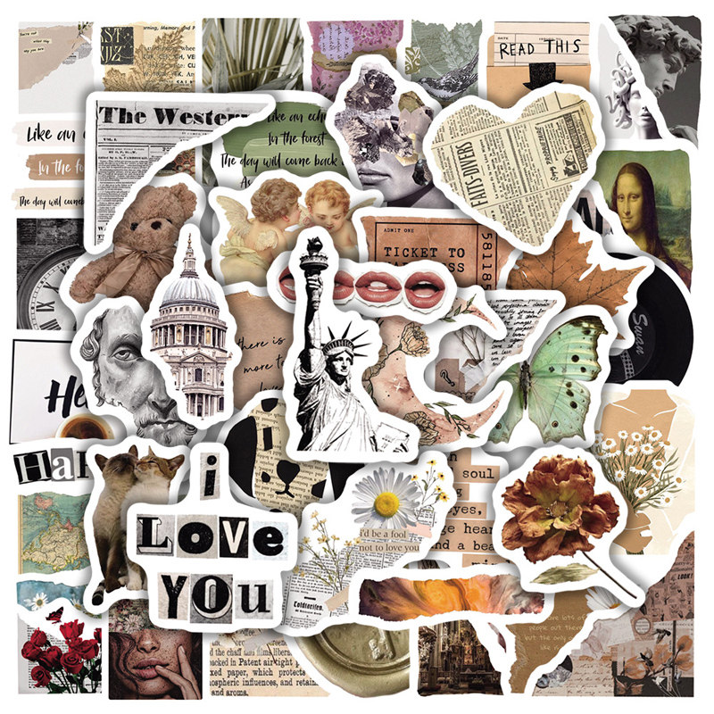 50张复古破旧报纸文艺风笔记本电脑手账水杯手机防水涂鸦贴纸贴画