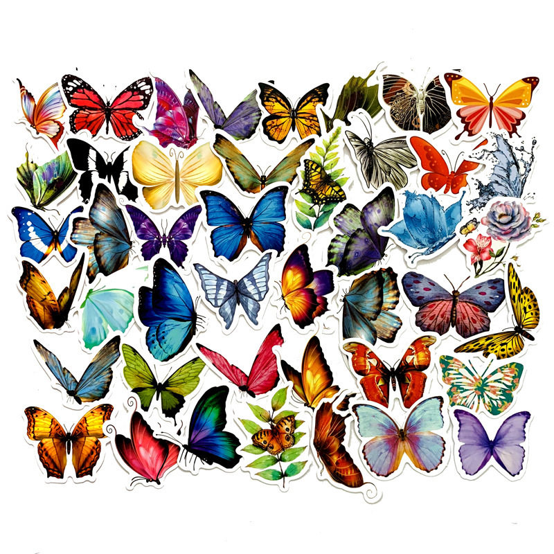 50张卡通彩色蝴蝶手帐贴画水杯拉杆箱头盔笔记本装饰防水汽车贴纸