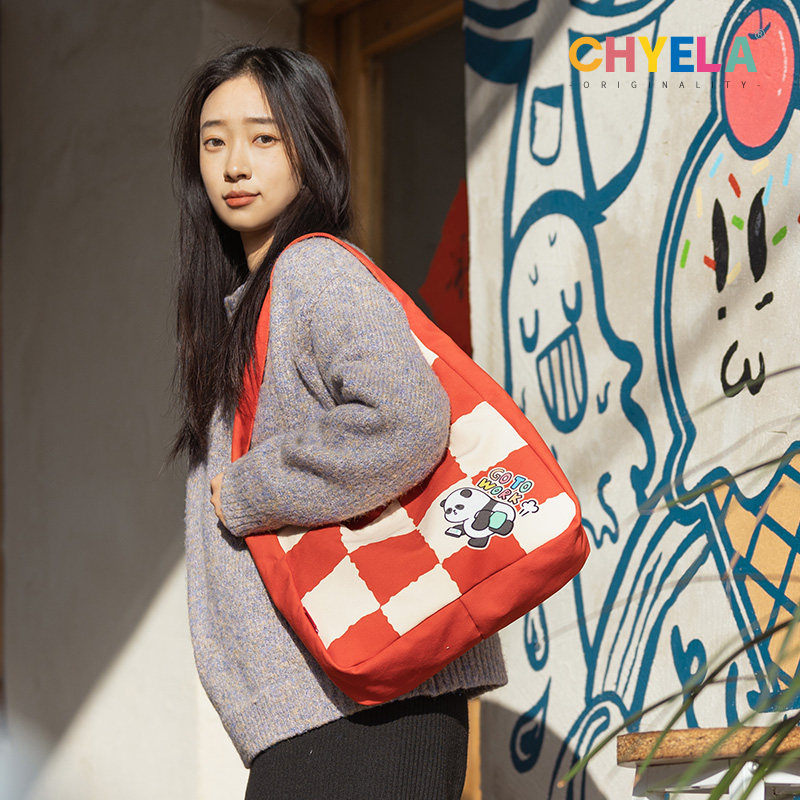 胖公主原创棋盘格单肩包大容量可爱熊猫帆布包女定制手提袋AS233