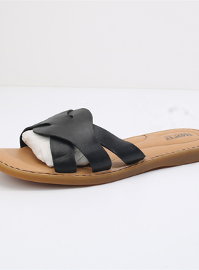 欧美时尚平底牛皮拖鞋套脚露趾舒适耐磨百搭手工大码女鞋BN130