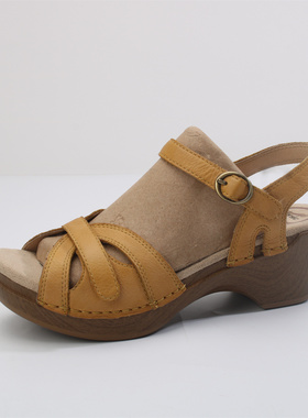 出欧美夏季复古简约坡跟凉鞋牛皮露趾减震舒适百搭高跟女鞋DK332