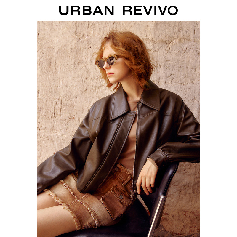 UR2023秋冬新款女装美式复古机车休闲宽松百搭翻领外套UWL130066