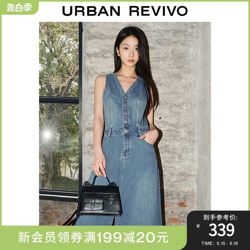 UR2024夏季新款女装复古时髦开叉纽扣无袖牛仔连衣裙UWH840055