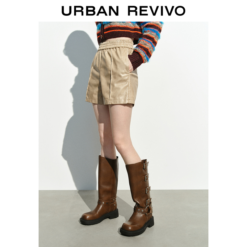 UR2023秋冬新款女装时髦摩登气质PU百搭通勤风高腰短裤UWL630024