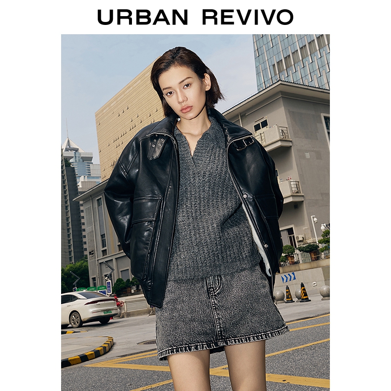 UR2023秋冬新款女装高街机车风街头风百搭立领皮衣外套UWJ130002