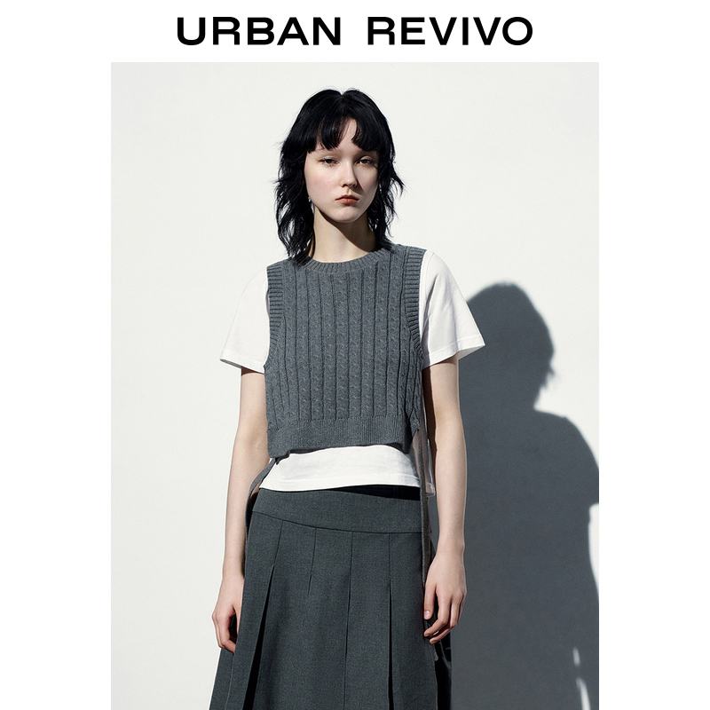 UR2023夏季新款女装知识分子风叠穿假两件漂亮套头针织UWU932110