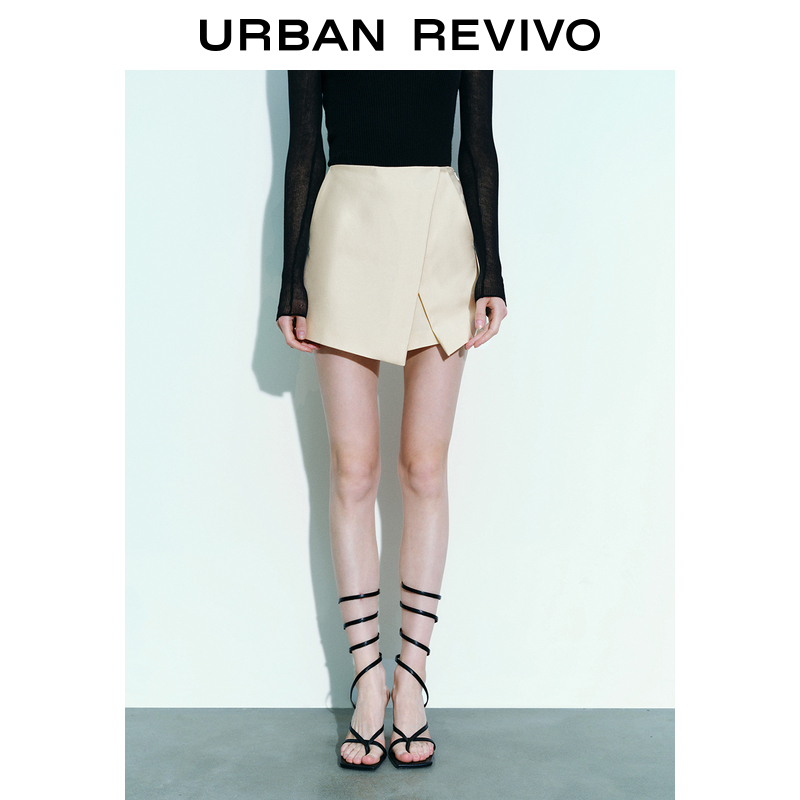 UR2023秋季新款女高级感气质通勤开衩叠层高腰裙裤短裤UWG630006