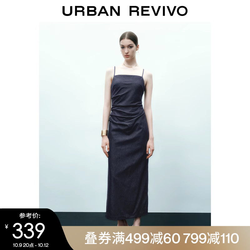 UR2023夏季女装辣妹风抽褶紧身宝藏牛仔吊带连衣裙UWG832204