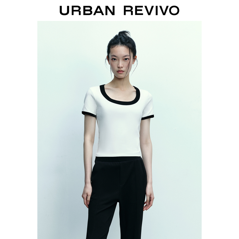UR2023夏季新款女装时尚休闲拼接撞色紧身圆领短袖T恤UWG432129