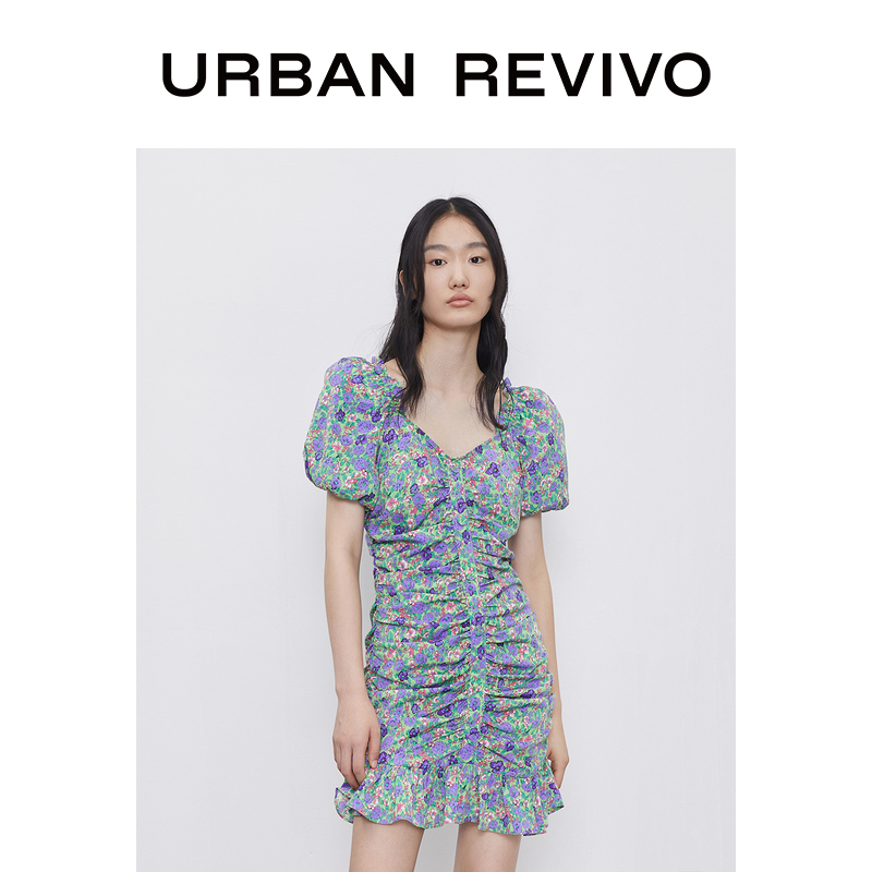 UR秋季新品女装时尚碎花收腰方领连衣裙小妖精裙WG31S7FE2000
