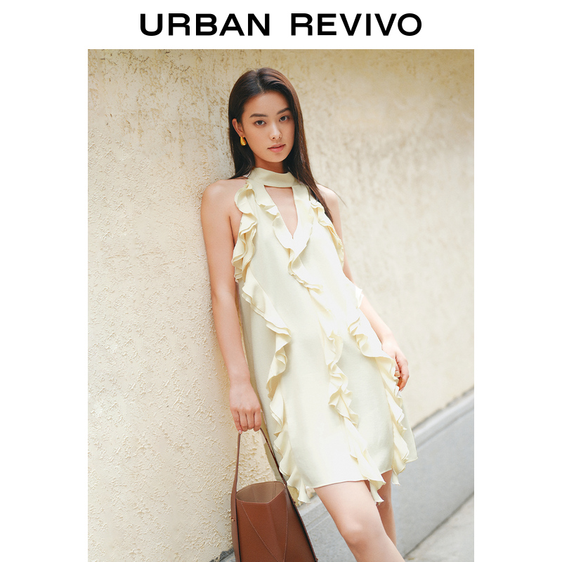 UR2024夏季新款女装时髦设计感立体飘带挂脖连衣裙UWG740084