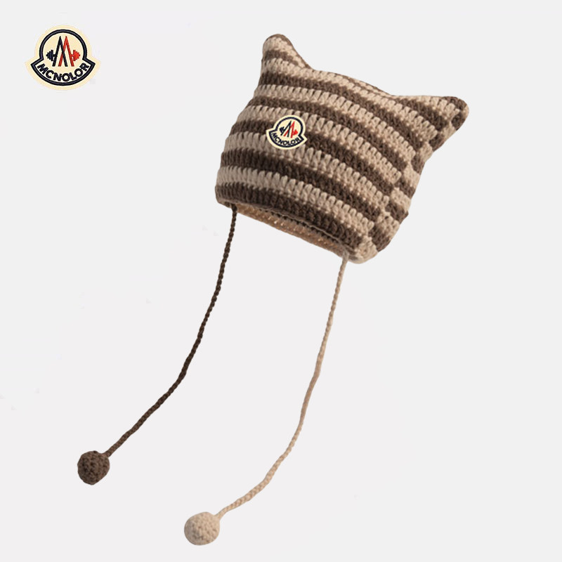 【正品现货】蒙口米色儿童条纹针织帽耳朵宝宝毛线帽男女童套头帽