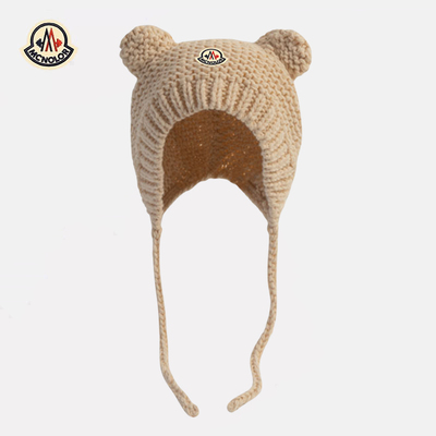 【正品现货】蒙口米色婴儿帽子宝宝护耳毛线帽儿童保暖手工针织帽