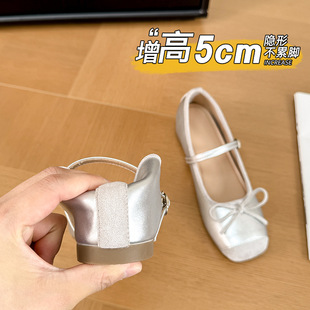 5cm小个子小脚内增高小码 小羊皮方头蝴蝶结芭蕾鞋 女单鞋 银色法式