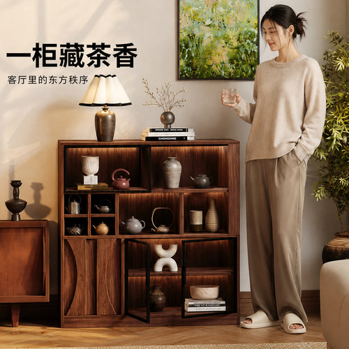 新中式实木落地博古架茶具收纳