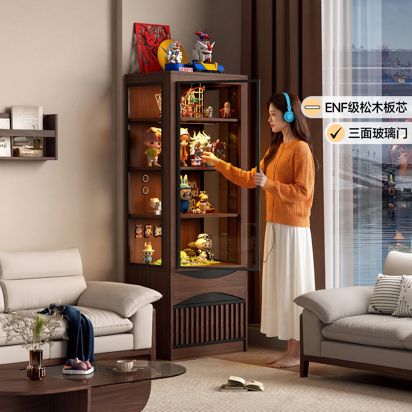 玻璃门手办展示柜实木电视边柜客厅储物书柜杂物柜阳台多层置物架