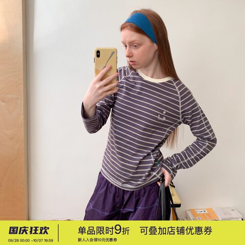 square houlest秋户外休闲运动拼色条纹哈苏线圆领印花长袖T恤女